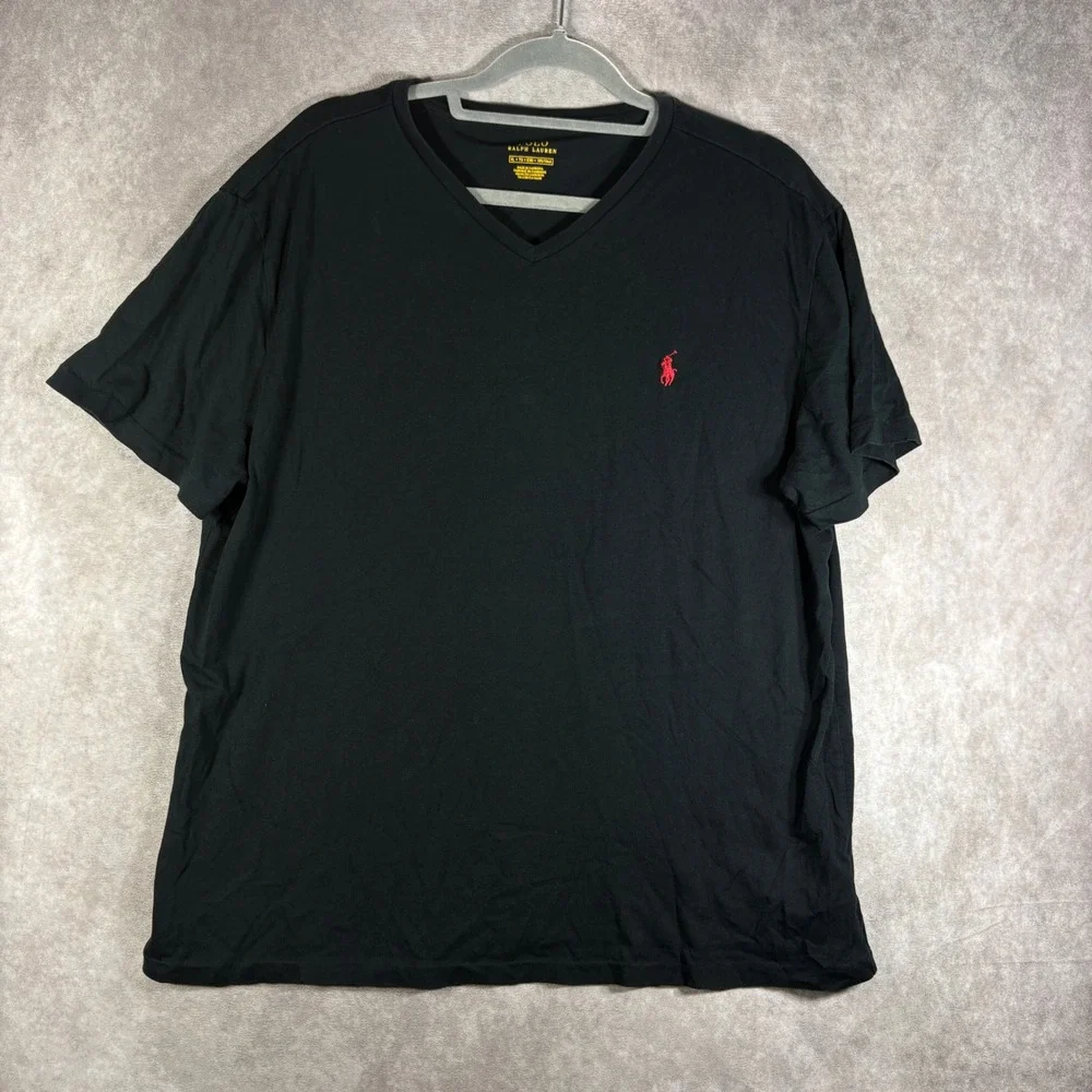 Polo Ralph Lauren Shirt Men XL Black V-Neck Short Sleeve Pony Logo Casual Preppy